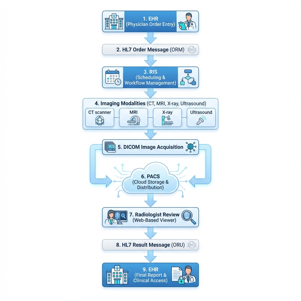 PACS RIS EHR integration workflow diagram showing medical imaging data flow